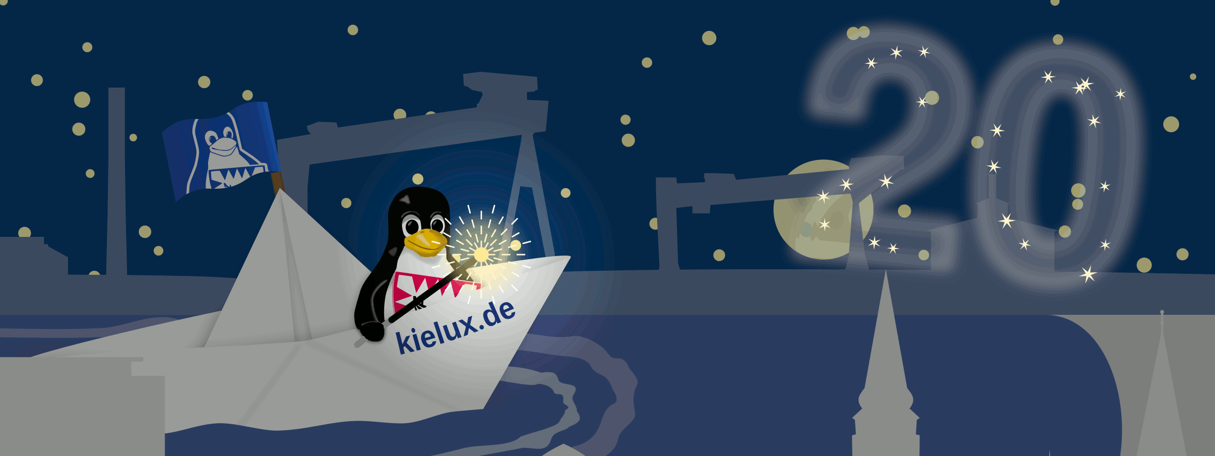 20. Kieler Open Source und Linux Tage Tux auf dem Papierboot mit Feuerwerk - 20. Kieler Open Source und Linux Tage am 16. und 17.9.2022, Linux Presentation Day am 15.9.2022